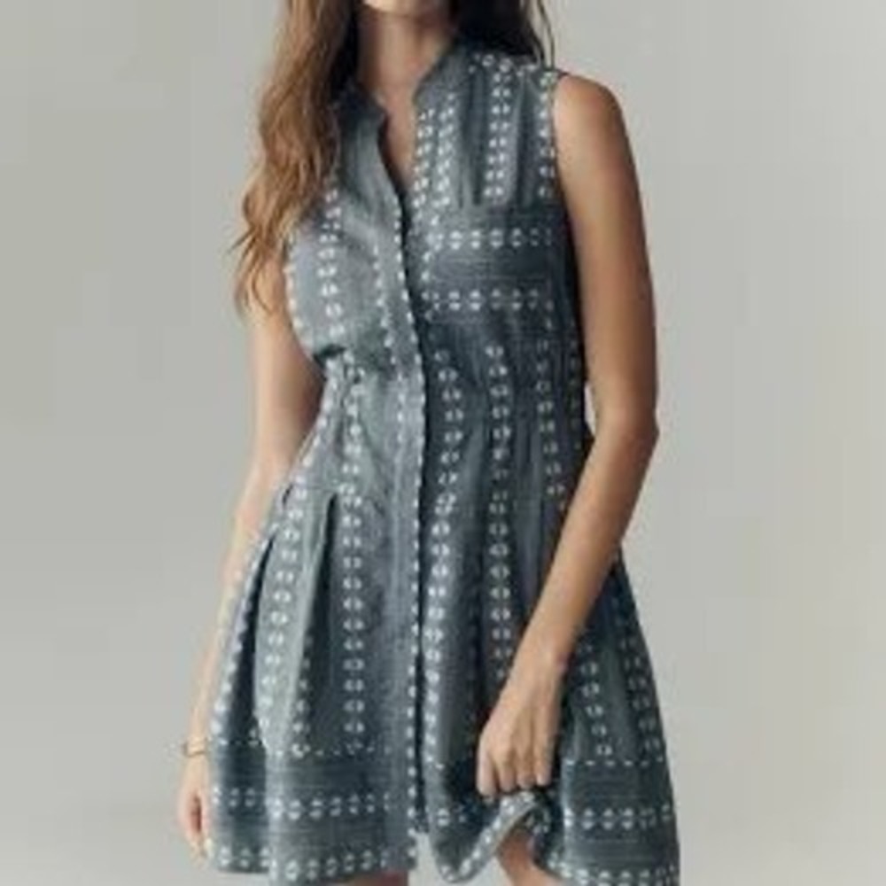 Maeve Anthropologie Navy Blue Floral Stripe Button Down Shirt Dress Petite LP